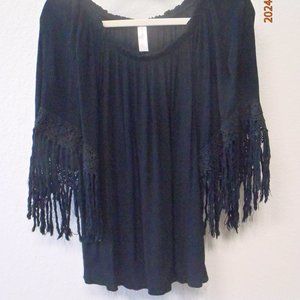Boho Black Top with Fringe Sleeves